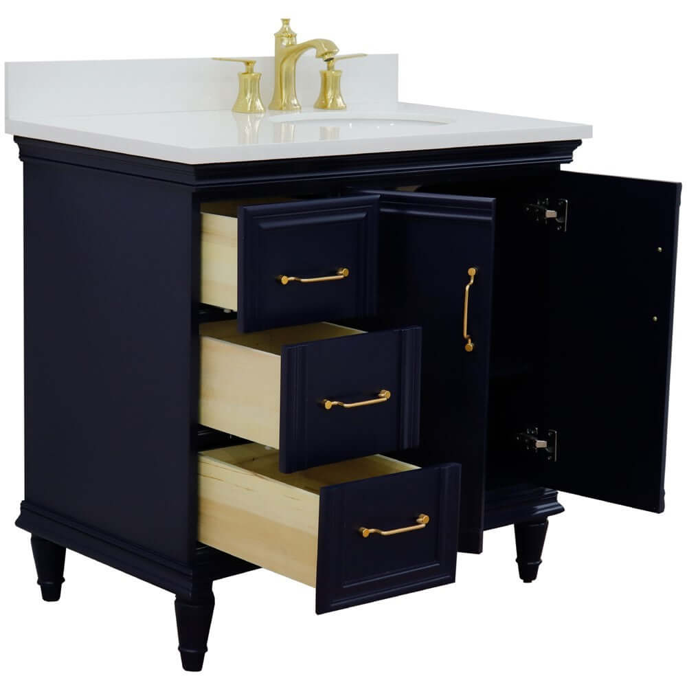 37" Single vanity in Blue finish with White quartz and oval sink- Right door/Right sink - 400800-37R-BU-WEOR