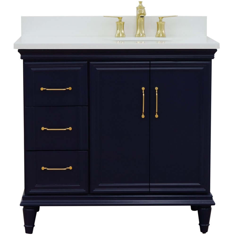 37" Single vanity in Blue finish with White quartz and oval sink- Right door/Right sink - 400800-37R-BU-WEOR