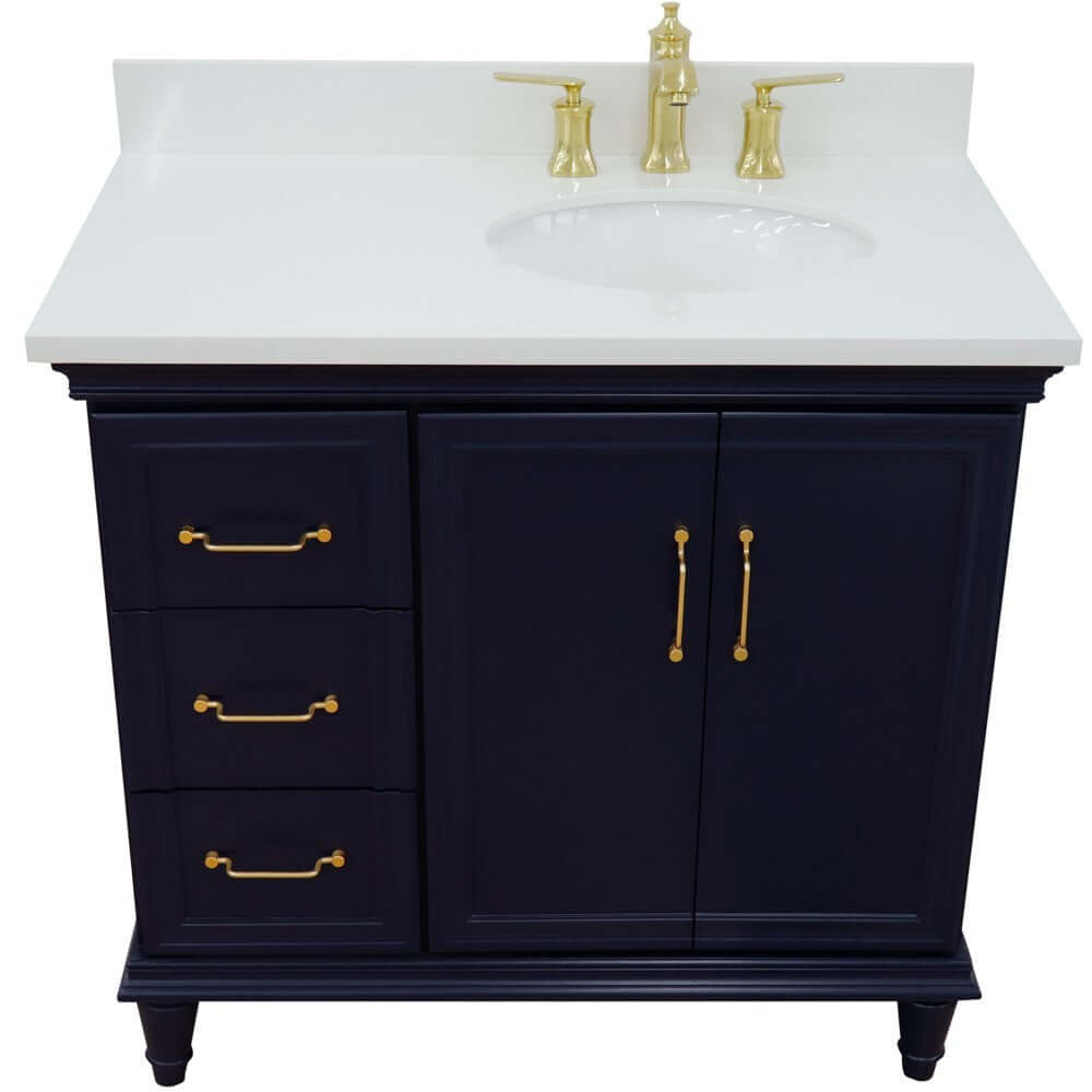 37" Single vanity in Blue finish with White quartz and oval sink- Right door/Right sink - 400800-37R-BU-WEOR