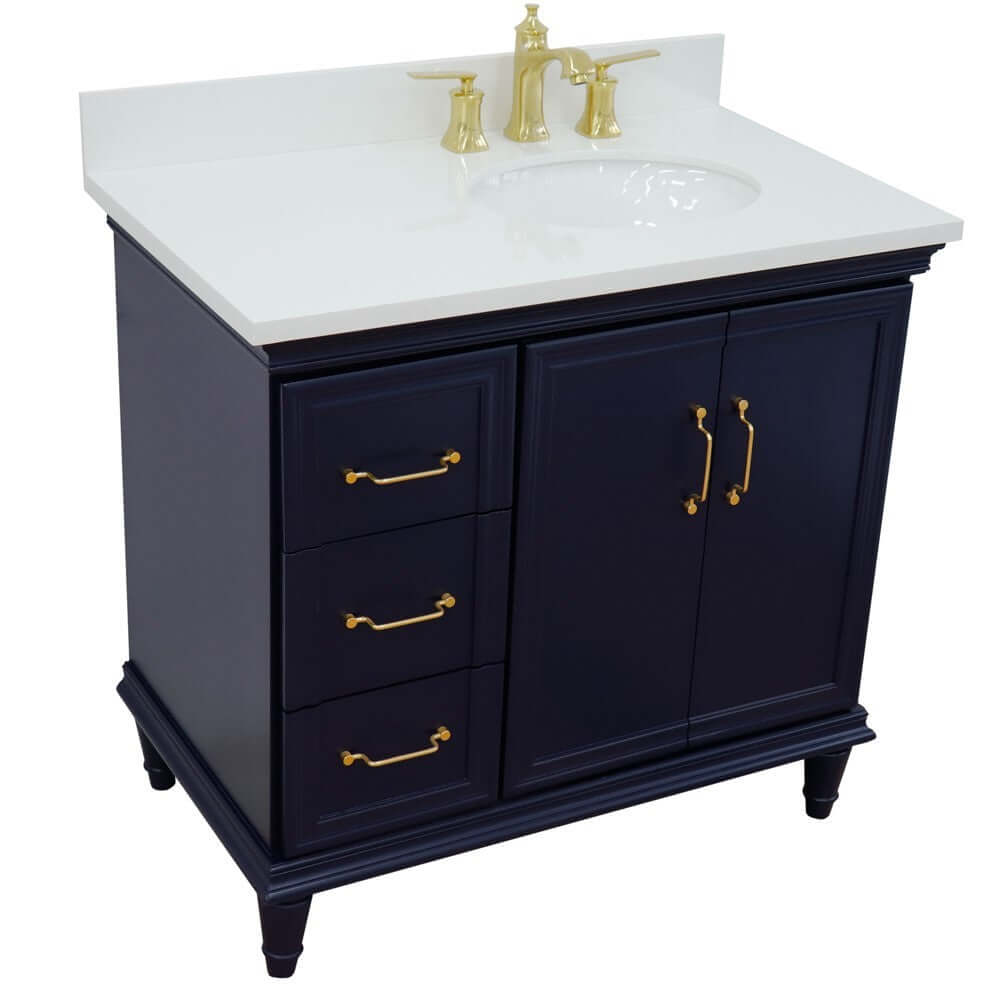 37" Single vanity in Blue finish with White quartz and oval sink- Right door/Right sink - 400800-37R-BU-WEOR