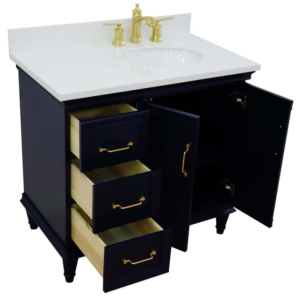 37" Single vanity in Blue finish with White quartz and oval sink- Right door/Right sink - 400800-37R-BU-WEOR