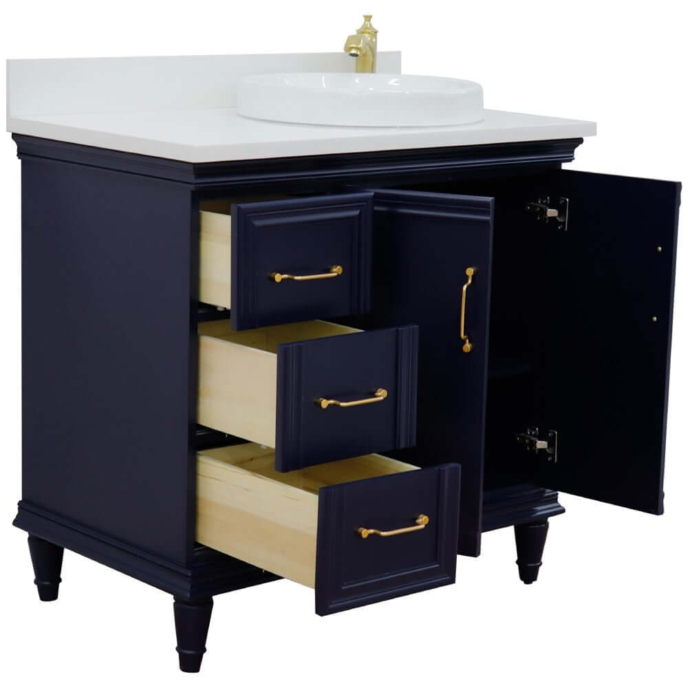 37" Single vanity in Blue finish with White quartz and round sink- Right door/Right sink - 400800-37R-BU-WERDR