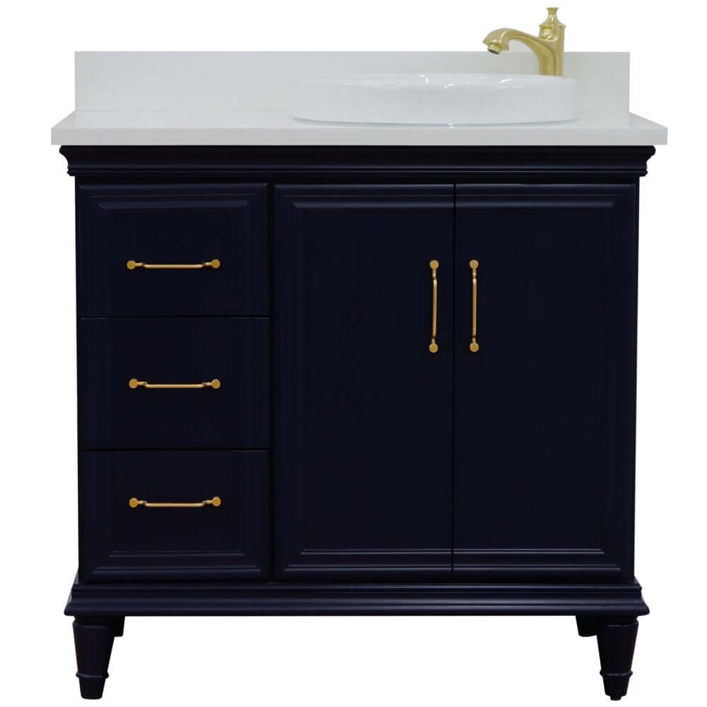 37" Single vanity in Blue finish with White quartz and round sink- Right door/Right sink - 400800-37R-BU-WERDR