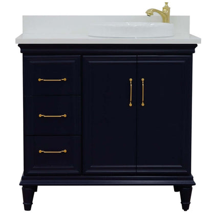 37" Single vanity in Blue finish with White quartz and round sink- Right door/Right sink - 400800-37R-BU-WERDR