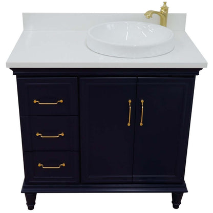 37" Single vanity in Blue finish with White quartz and round sink- Right door/Right sink - 400800-37R-BU-WERDR