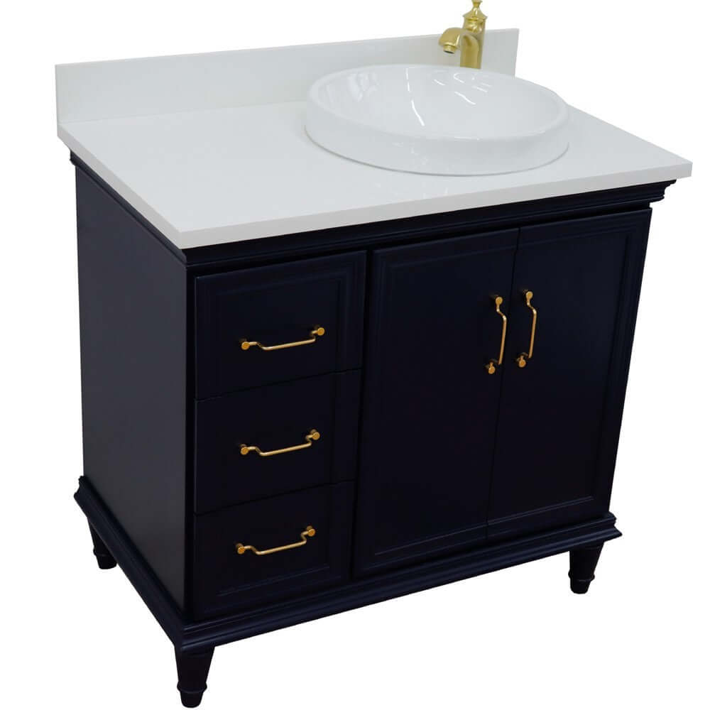 37" Single vanity in Blue finish with White quartz and round sink- Right door/Right sink - 400800-37R-BU-WERDR