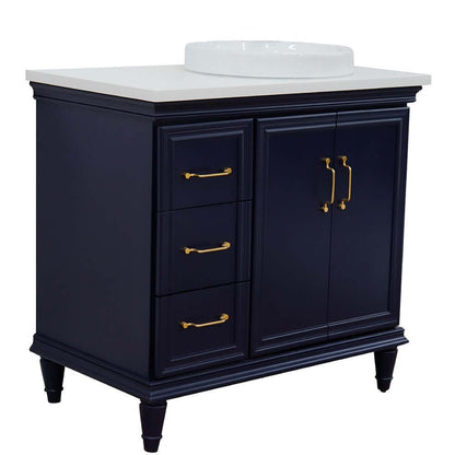 37" Single vanity in Blue finish with White quartz and round sink- Right door/Right sink - 400800-37R-BU-WERDR