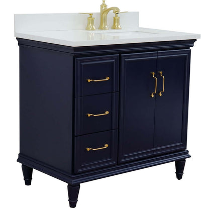 37" Single vanity in Blue finish with White quartz and rectangle sink- Right door/Right sink - 400800-37R-BU-WERR