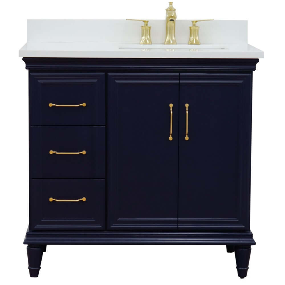 37" Single vanity in Blue finish with White quartz and rectangle sink- Right door/Right sink - 400800-37R-BU-WERR