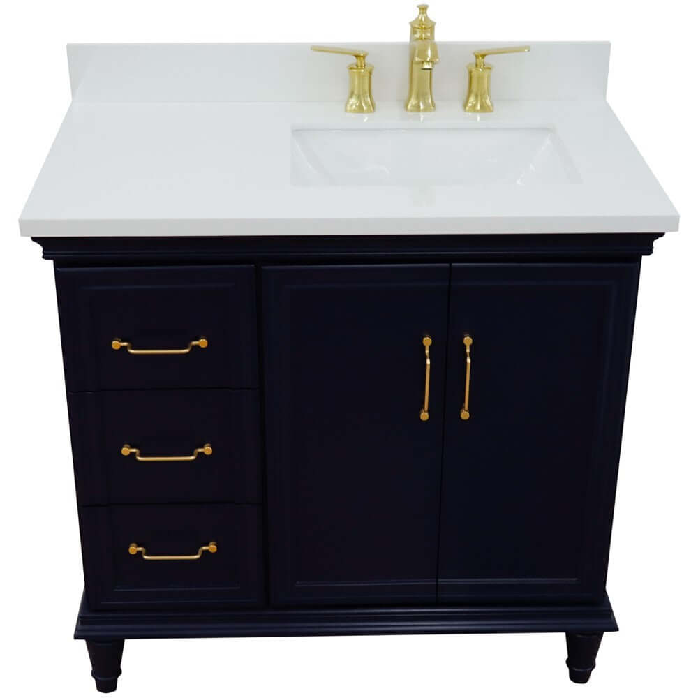 37" Single vanity in Blue finish with White quartz and rectangle sink- Right door/Right sink - 400800-37R-BU-WERR