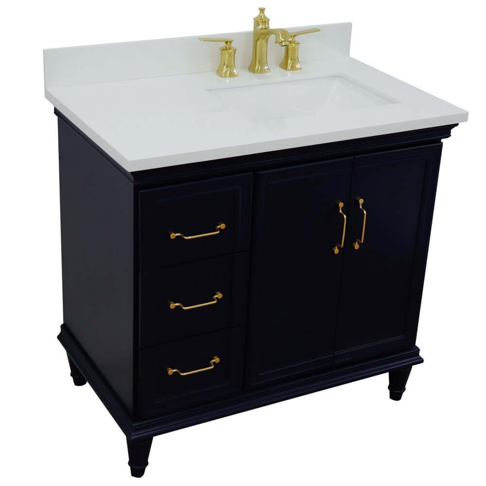 37" Single vanity in Blue finish with White quartz and rectangle sink- Right door/Right sink - 400800-37R-BU-WERR