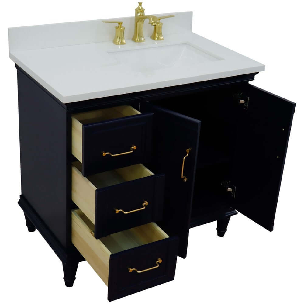 37" Single vanity in Blue finish with White quartz and rectangle sink- Right door/Right sink - 400800-37R-BU-WERR