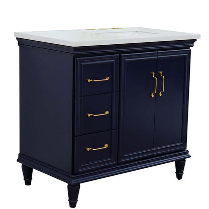 37" Single vanity in Blue finish with White quartz and rectangle sink- Right door/Right sink - 400800-37R-BU-WERR