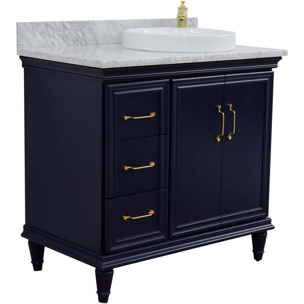 37" Single vanity in Blue finish with White Carrara and round sink- Right door/Right sink - 400800-37R-BU-WMRDR