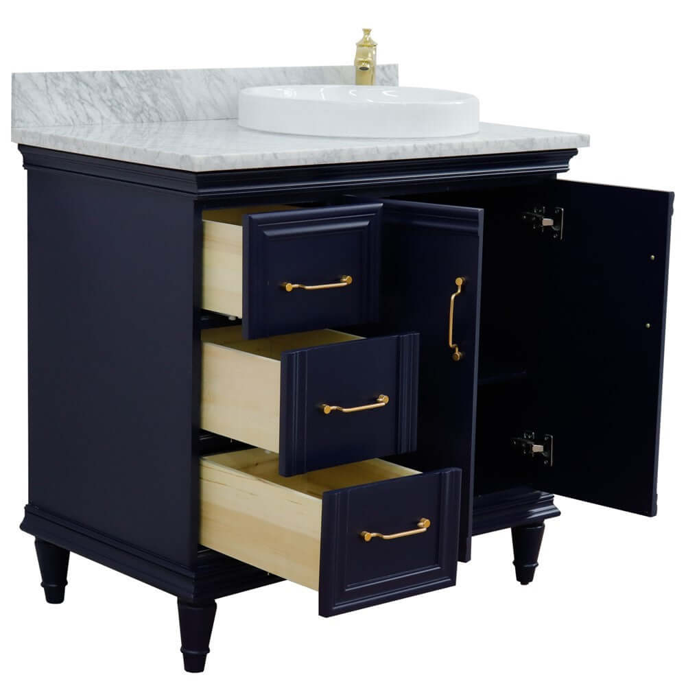 37" Single vanity in Blue finish with White Carrara and round sink- Right door/Right sink - 400800-37R-BU-WMRDR