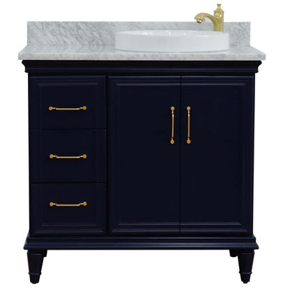 37" Single vanity in Blue finish with White Carrara and round sink- Right door/Right sink - 400800-37R-BU-WMRDR