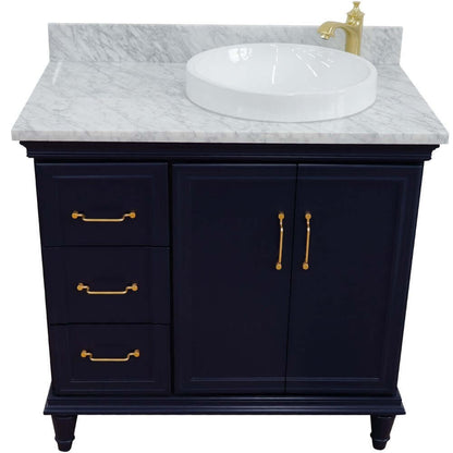 37" Single vanity in Blue finish with White Carrara and round sink- Right door/Right sink - 400800-37R-BU-WMRDR