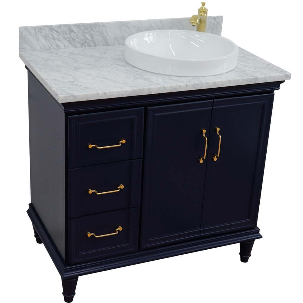 37" Single vanity in Blue finish with White Carrara and round sink- Right door/Right sink - 400800-37R-BU-WMRDR