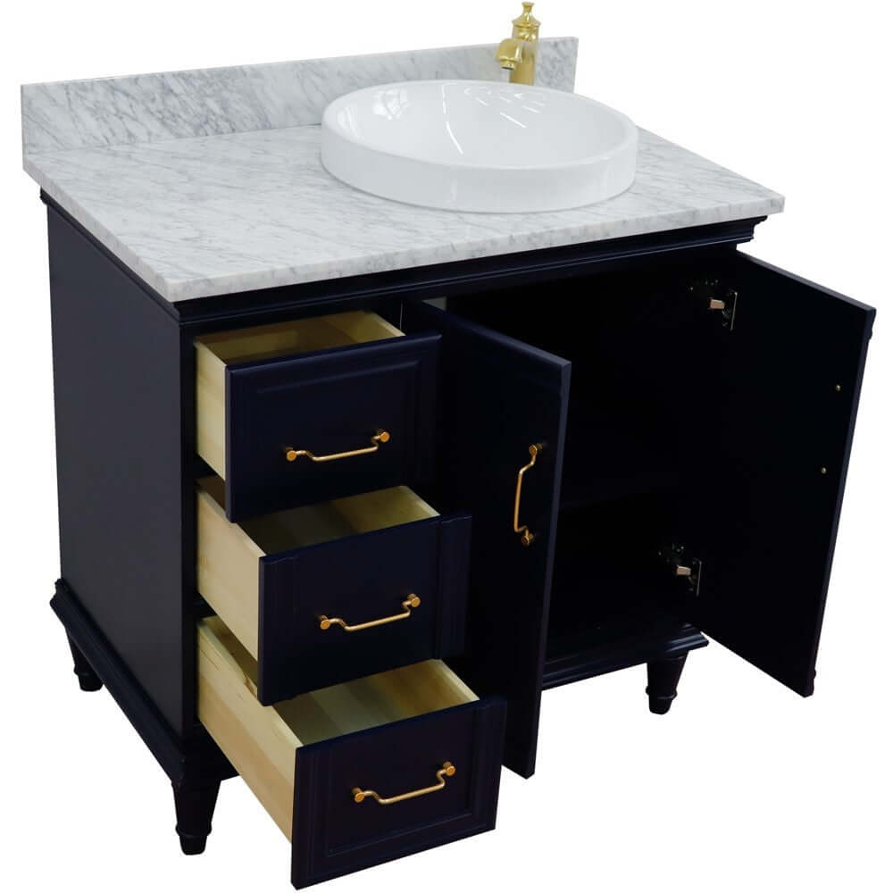 37" Single vanity in Blue finish with White Carrara and round sink- Right door/Right sink - 400800-37R-BU-WMRDR