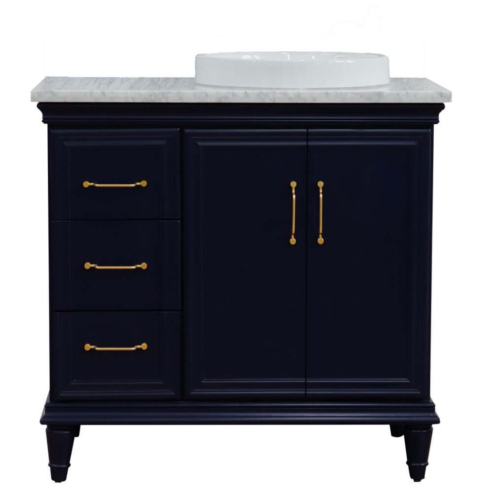 37" Single vanity in Blue finish with White Carrara and round sink- Right door/Right sink - 400800-37R-BU-WMRDR