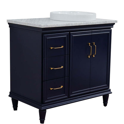 37" Single vanity in Blue finish with White Carrara and round sink- Right door/Right sink - 400800-37R-BU-WMRDR