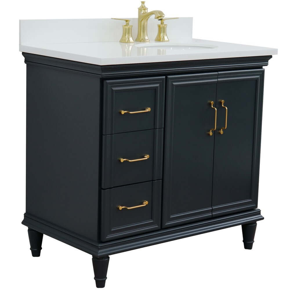 37" Single vanity in Dark Gray finish with White quartz and oval sink- Right door/Right sink - 400800-37R-DG-WEOR