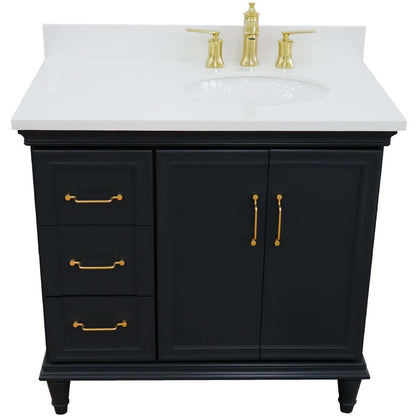 37" Single vanity in Dark Gray finish with White quartz and oval sink- Right door/Right sink - 400800-37R-DG-WEOR