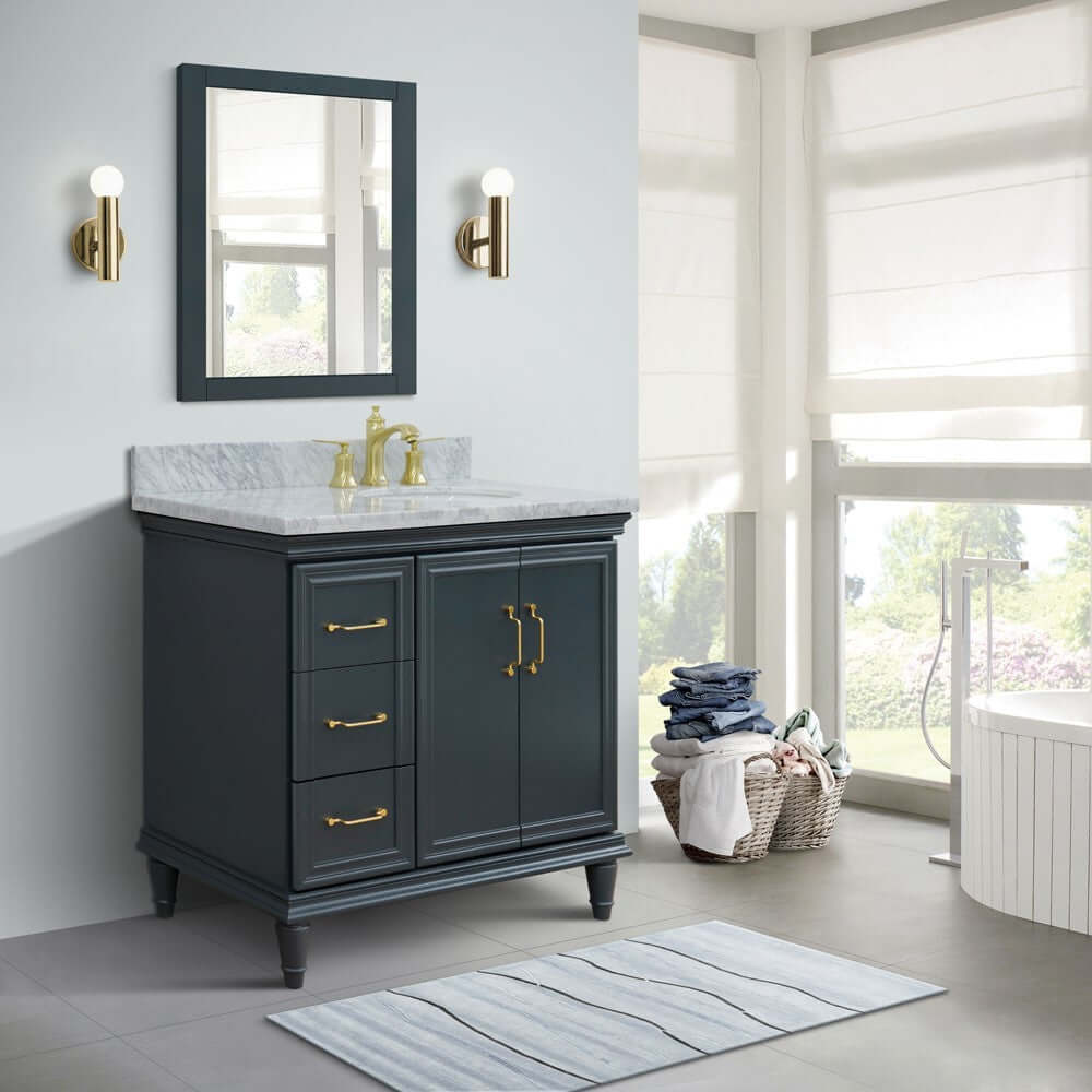 37" Single vanity in Dark Gray finish with White Carrara and oval sink- Right door/Right sink - 400800-37R-DG-WMOR