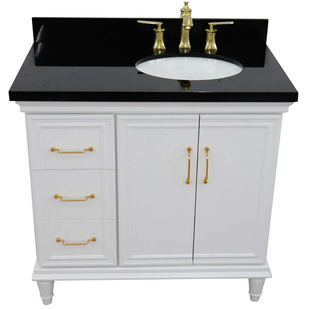 37" Single vanity in White finish with Black galaxy and oval sink- Right door/Right sink - 400800-37R-WH-BGOR