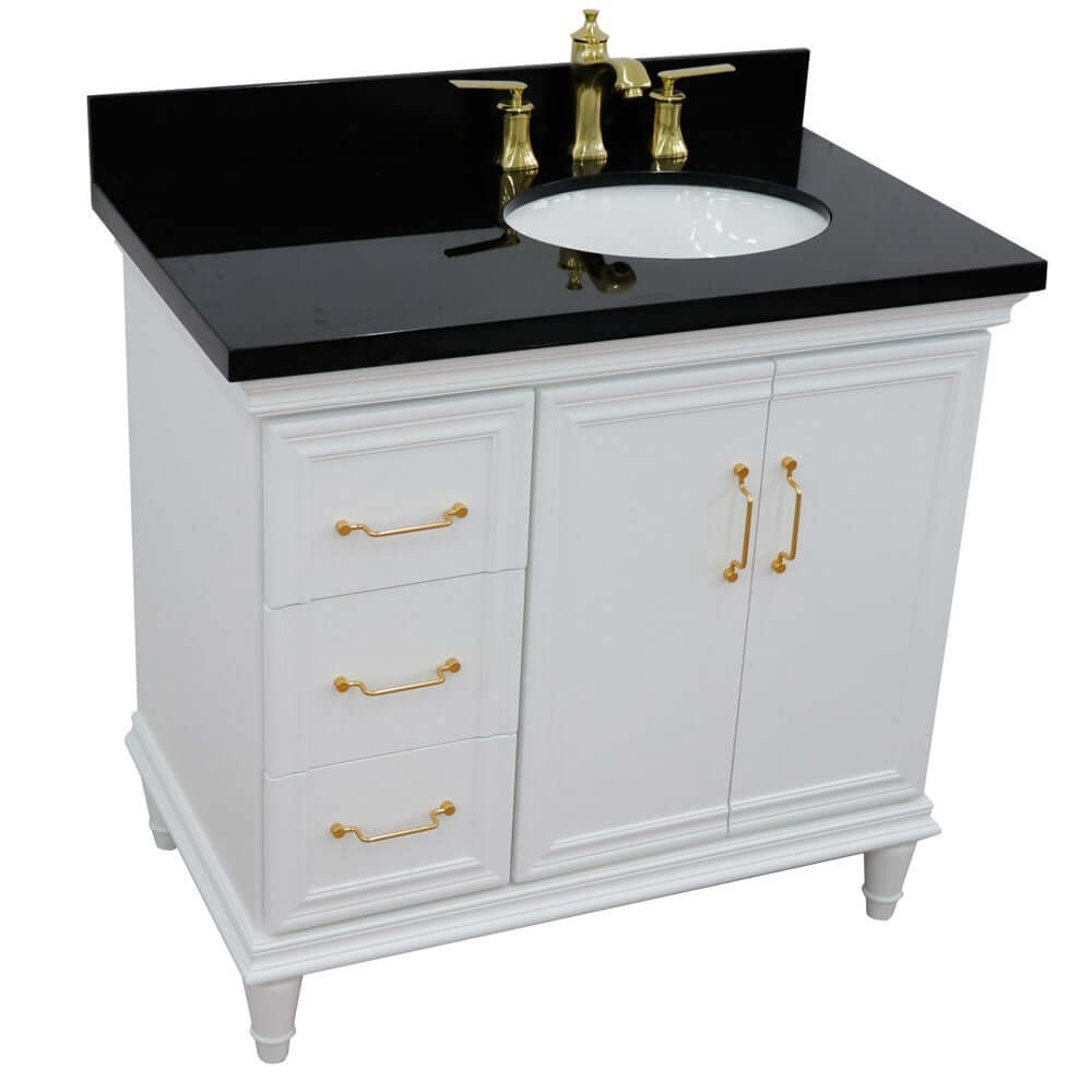 37" Single vanity in White finish with Black galaxy and oval sink- Right door/Right sink - 400800-37R-WH-BGOR