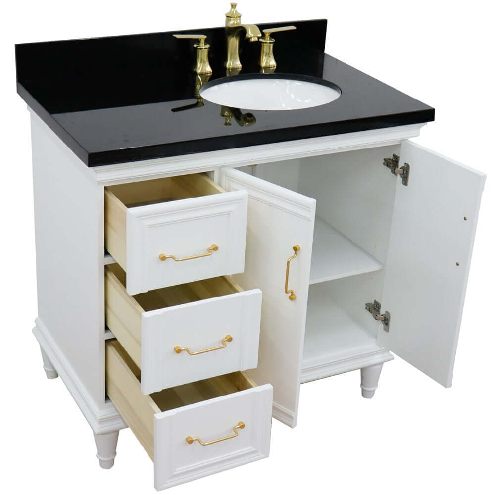 37" Single vanity in White finish with Black galaxy and oval sink- Right door/Right sink - 400800-37R-WH-BGOR