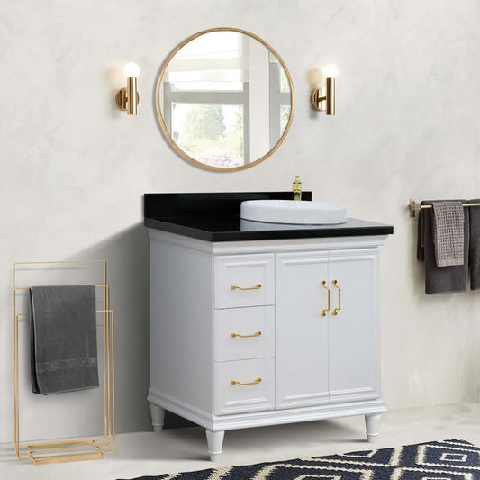 37" Single vanity in White finish with Black galaxy and round sink- Right door/Right sink - 400800-37R-WH-BGRDR