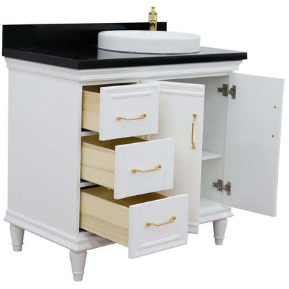 37" Single vanity in White finish with Black galaxy and round sink- Right door/Right sink - 400800-37R-WH-BGRDR