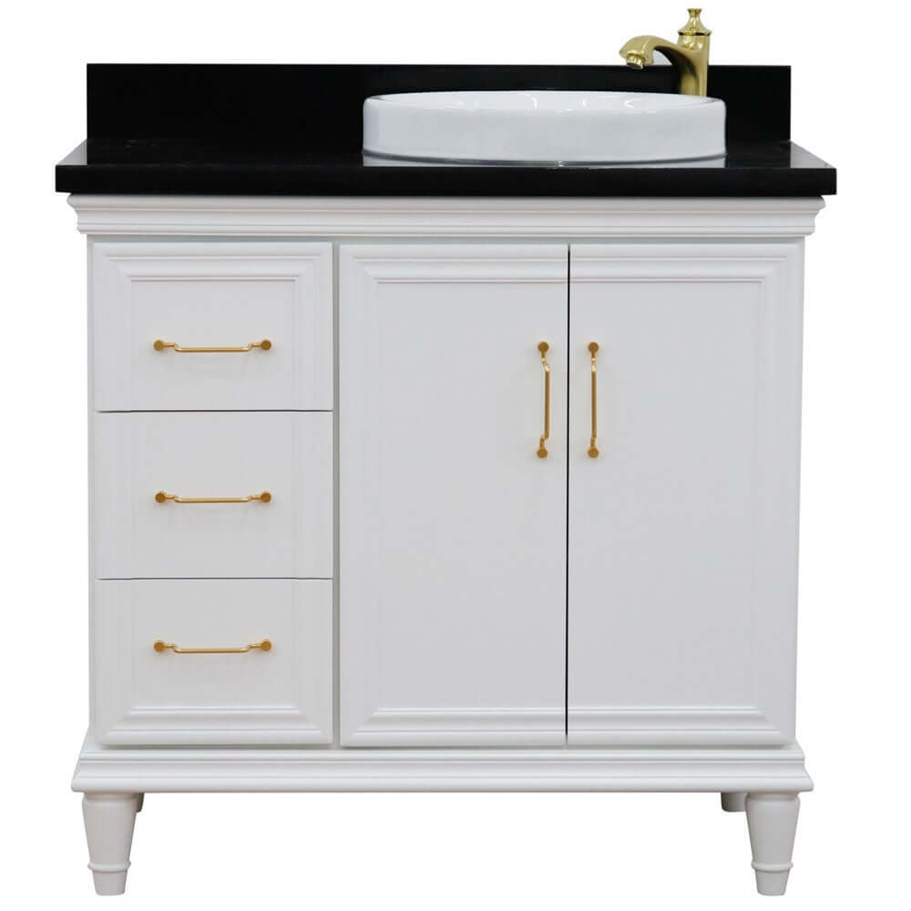 37" Single vanity in White finish with Black galaxy and round sink- Right door/Right sink - 400800-37R-WH-BGRDR