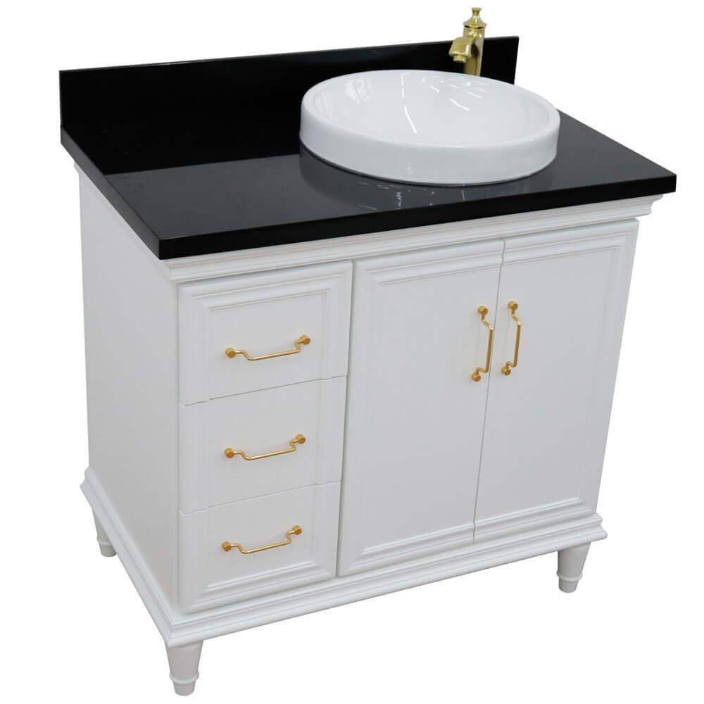 37" Single vanity in White finish with Black galaxy and round sink- Right door/Right sink - 400800-37R-WH-BGRDR