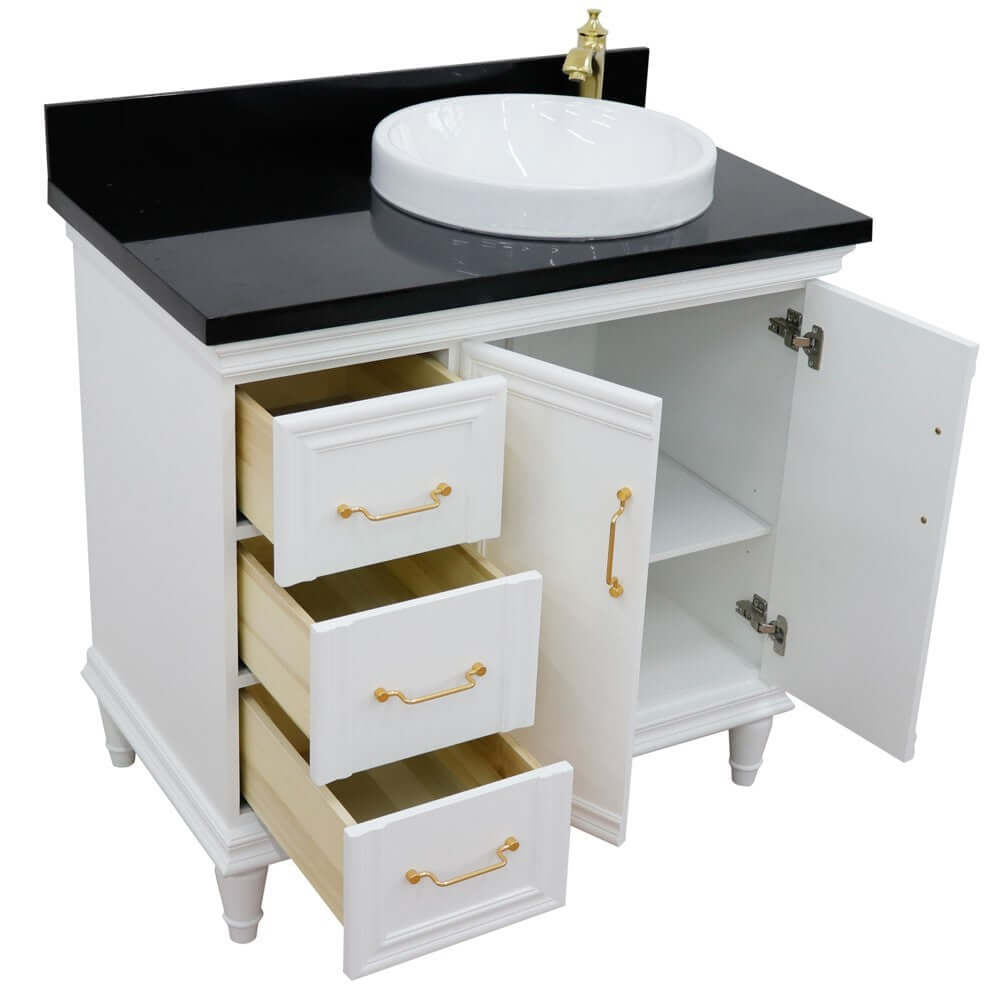 37" Single vanity in White finish with Black galaxy and round sink- Right door/Right sink - 400800-37R-WH-BGRDR