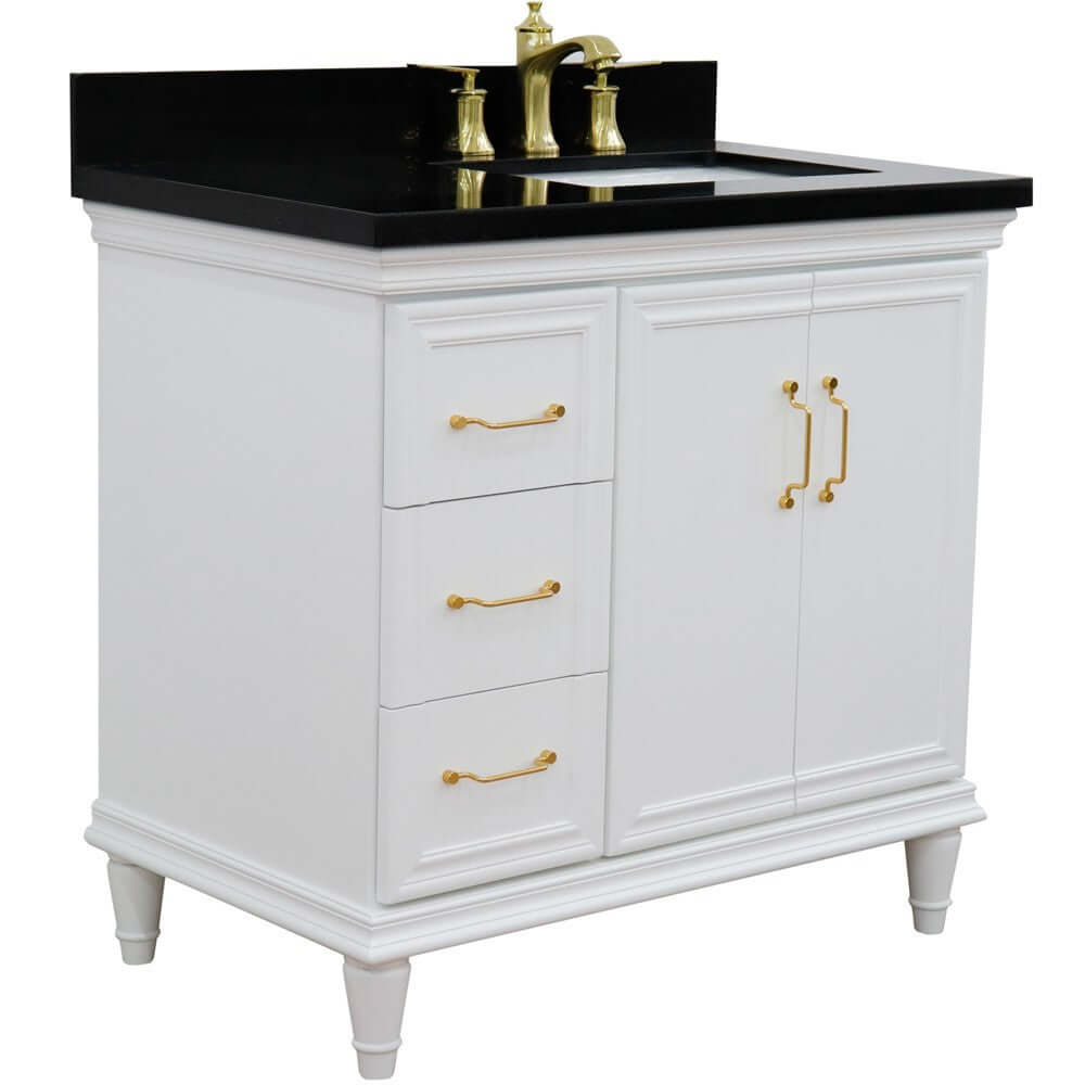 37" Single vanity in White finish with Black galaxy and rectangle sink- Right door/Right sink - 400800-37R-WH-BGRR