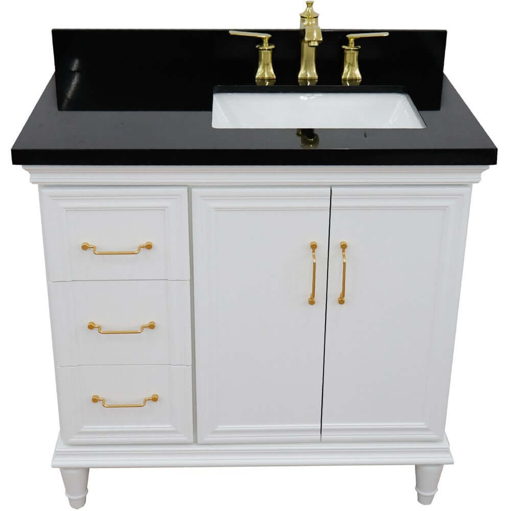 37" Single vanity in White finish with Black galaxy and rectangle sink- Right door/Right sink - 400800-37R-WH-BGRR