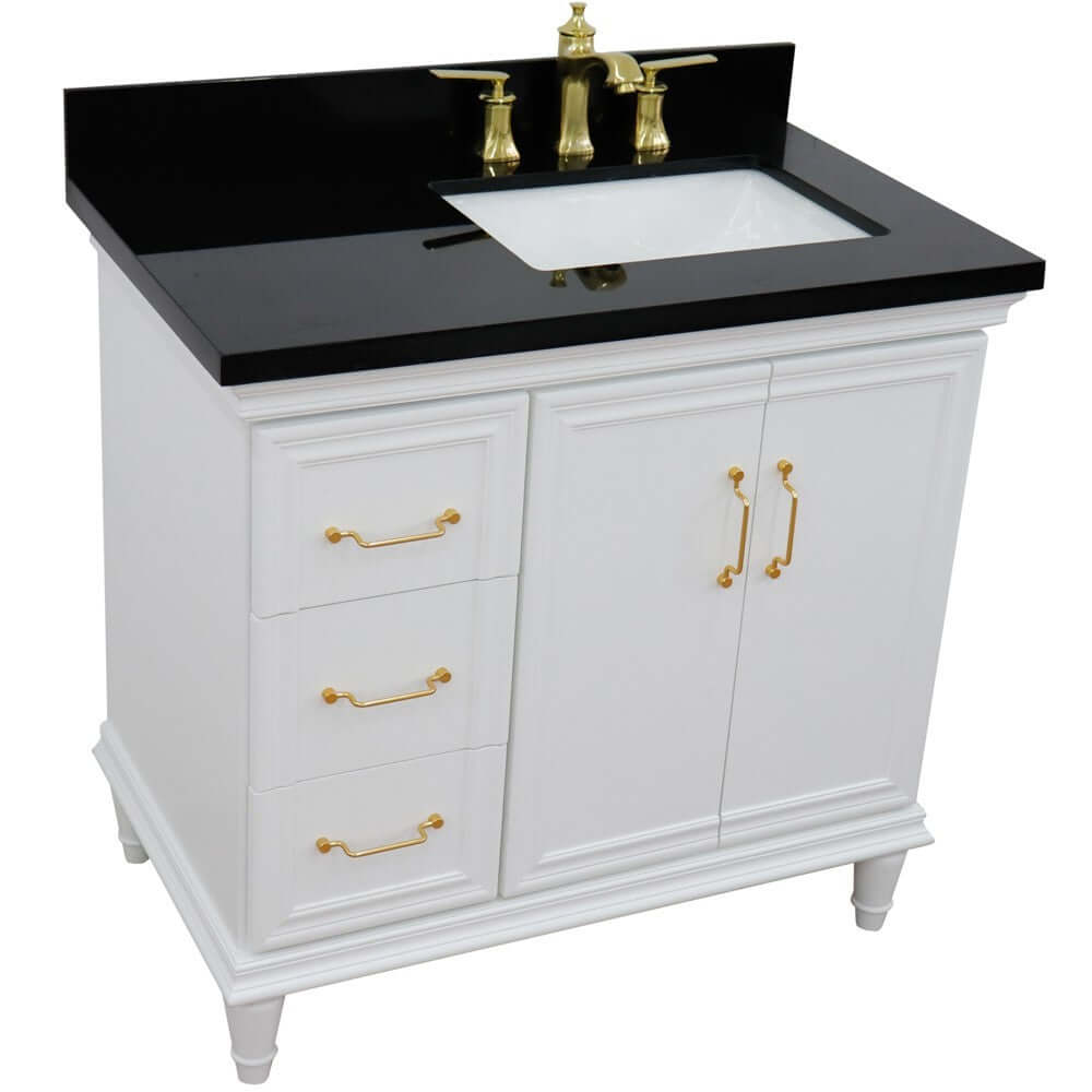 37" Single vanity in White finish with Black galaxy and rectangle sink- Right door/Right sink - 400800-37R-WH-BGRR