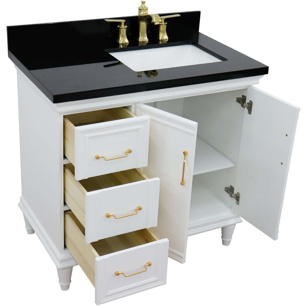 37" Single vanity in White finish with Black galaxy and rectangle sink- Right door/Right sink - 400800-37R-WH-BGRR