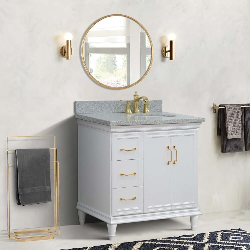 37" Single vanity in White finish with Gray granite and oval sink- Right door/Right sink - 400800-37R-WH-GYOR