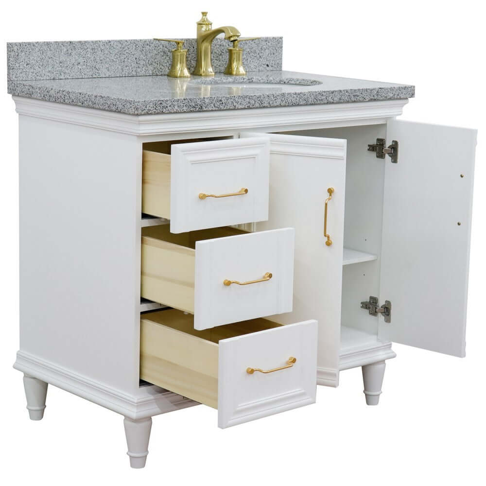 37" Single vanity in White finish with Gray granite and oval sink- Right door/Right sink - 400800-37R-WH-GYOR