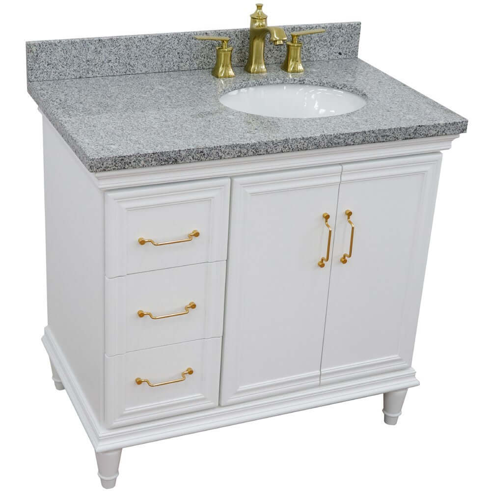 37" Single vanity in White finish with Gray granite and oval sink- Right door/Right sink - 400800-37R-WH-GYOR