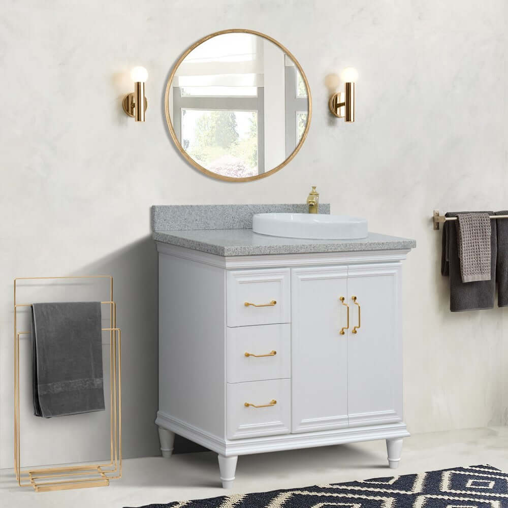 37" Single vanity in White finish with Gray granite and round sink- Right door/Right sink - 400800-37R-WH-GYRDR