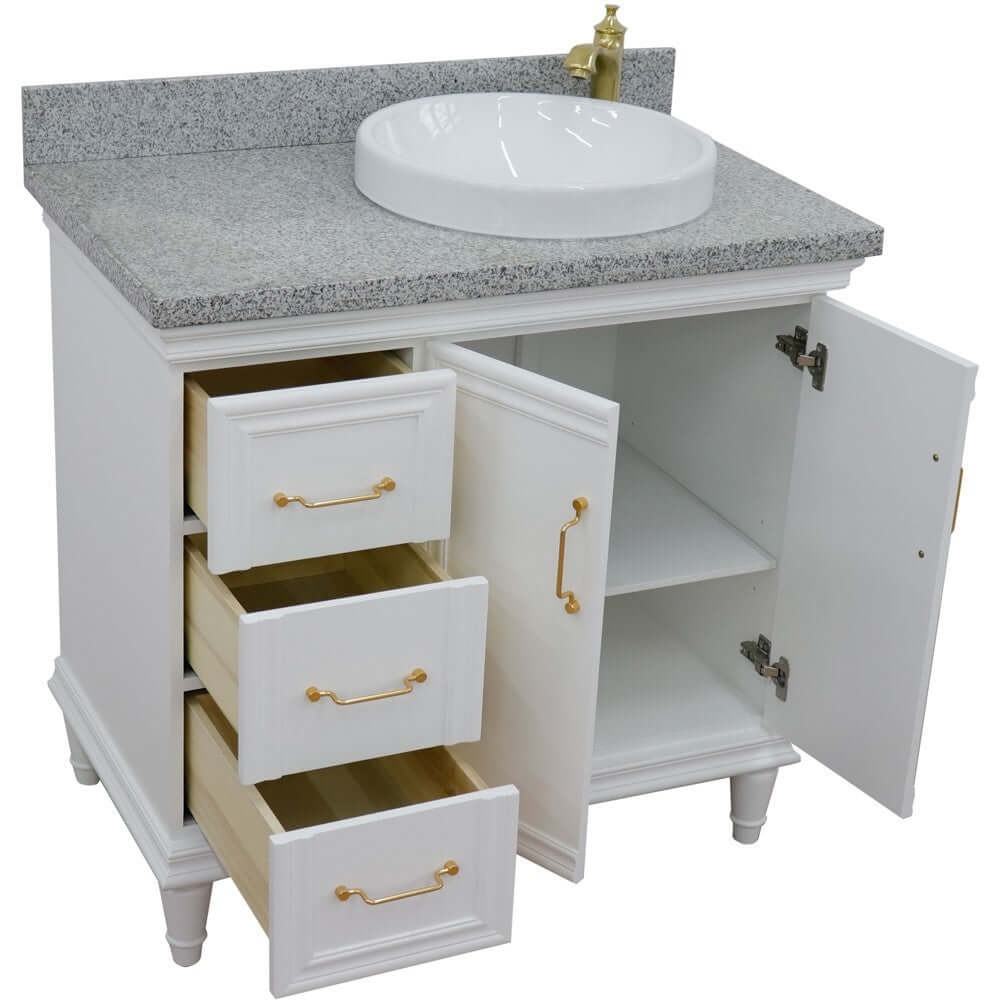 37" Single vanity in White finish with Gray granite and round sink- Right door/Right sink - 400800-37R-WH-GYRDR