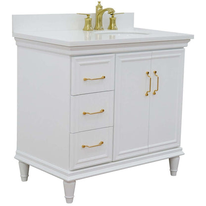 37" Single vanity in White finish with White quartz and oval sink- Right door/Right sink - 400800-37R-WH-WEOR