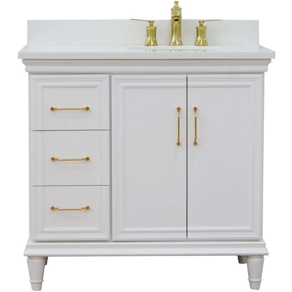 37" Single vanity in White finish with White quartz and oval sink- Right door/Right sink - 400800-37R-WH-WEOR