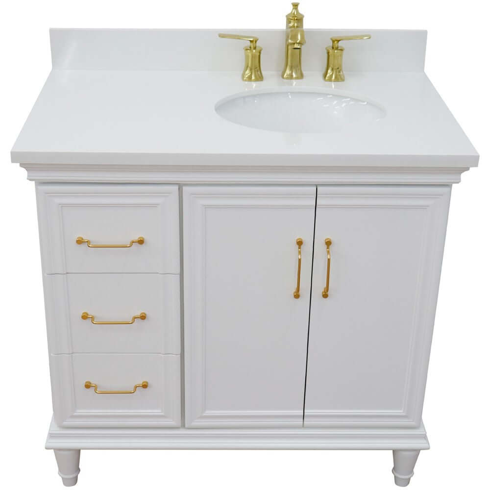 37" Single vanity in White finish with White quartz and oval sink- Right door/Right sink - 400800-37R-WH-WEOR