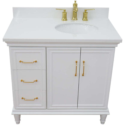 37" Single vanity in White finish with White quartz and oval sink- Right door/Right sink - 400800-37R-WH-WEOR