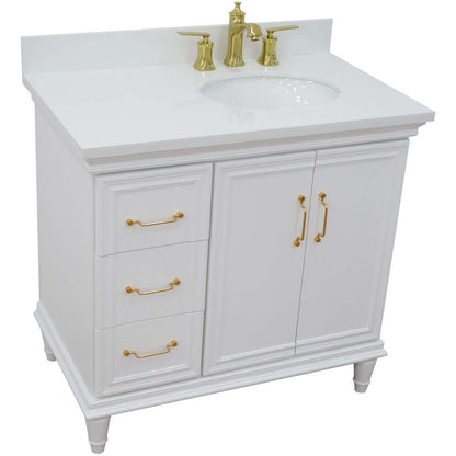 37" Single vanity in White finish with White quartz and oval sink- Right door/Right sink - 400800-37R-WH-WEOR